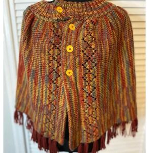 VTG Handmade Knit button up Poncho, Fringe 70s Burnt Orange, gold, gray -Small
